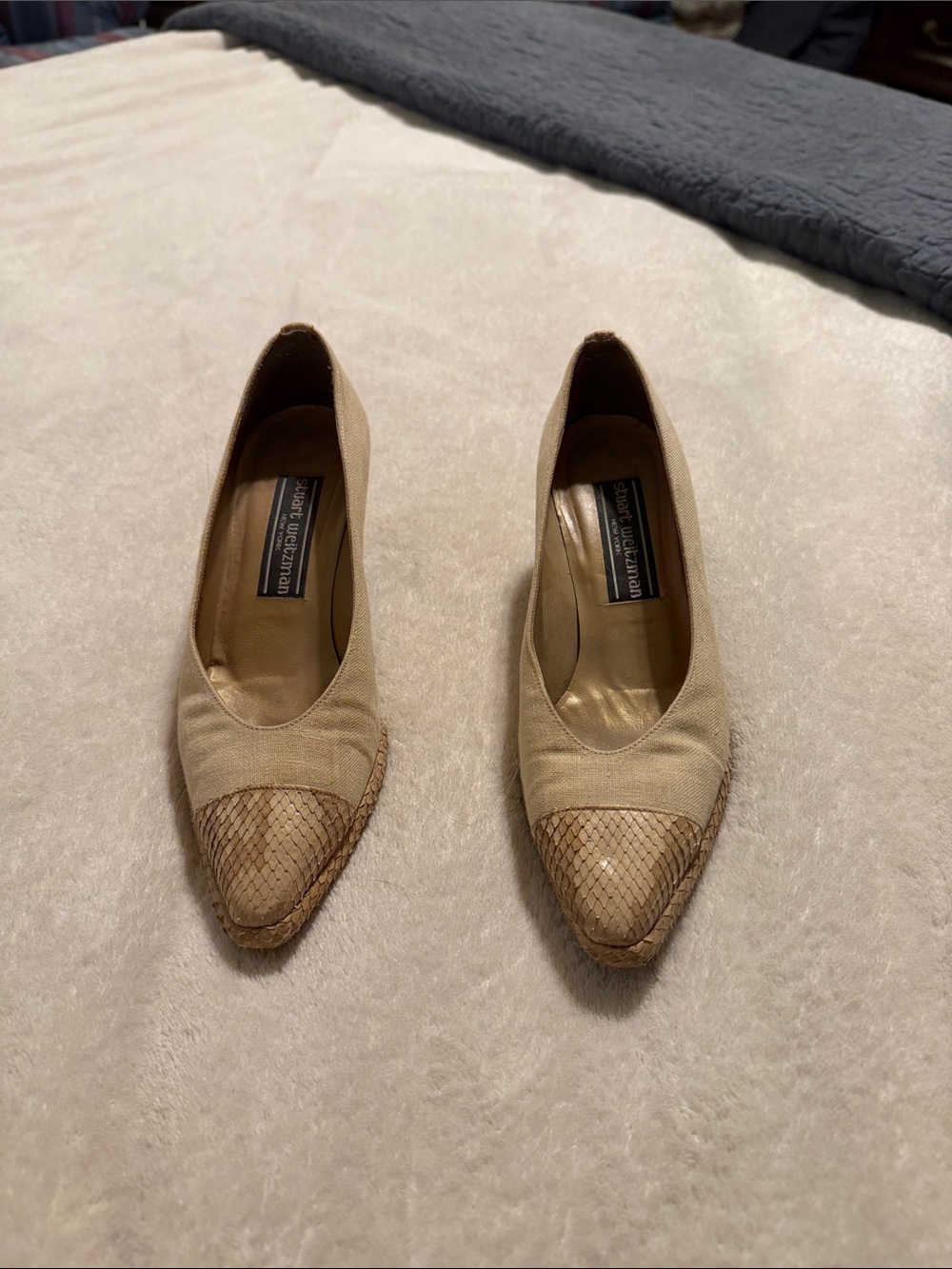 Stuart Weitzman Beige Pointed-Toe Woven Cap-Toe Heels